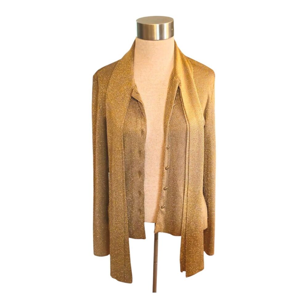 Saks Fifth Avenue Sweater Size M Gold Scarf Tie Button Front